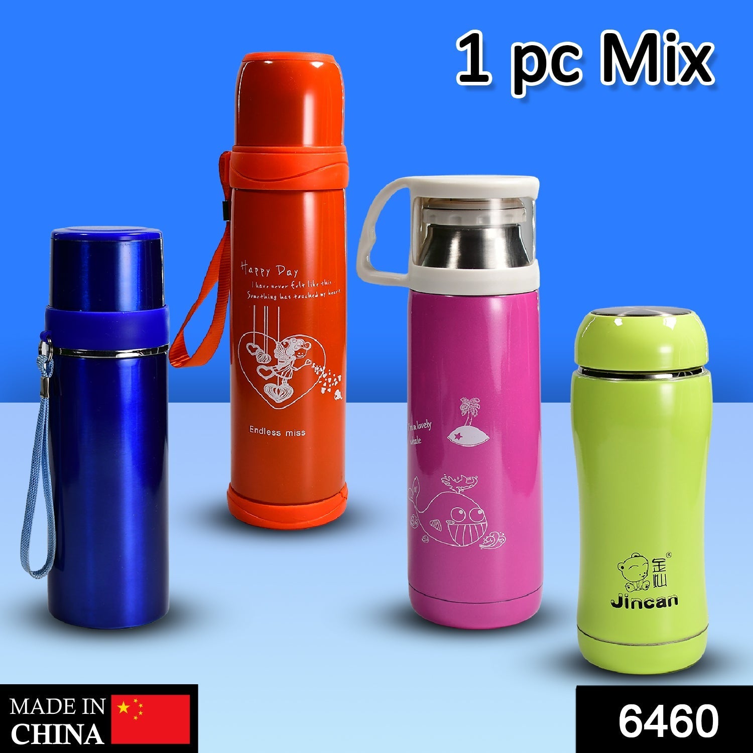 6460 1PC STAINLESS STEEL MIX BOTTLES FOR STORING WATER AND SOME OTHER TYPES OF BEVERAGES ETC. 6460 1PC STAINLESS STEEL MIX BOTTLES FOR STORING WATER AND SOME OTHER TYPES OF BEVERAGES ETC.